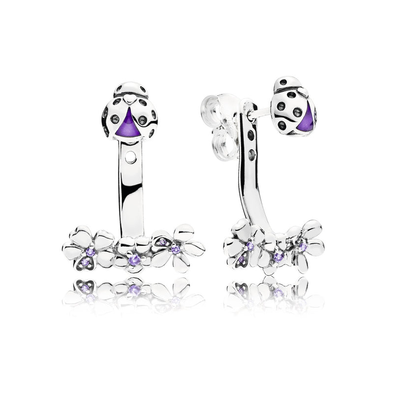 Ladybug silver stud earrings with lilac crystal, purple cubic zirconia, purple enamel and detachable floral earring jackets