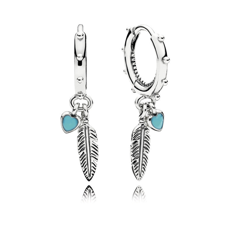 Feather silver earrings with turquoise enamel