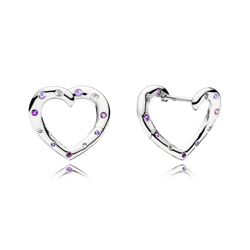 Heart silver hoop earrings with royal purple crystal, lilac crystal and clear cubic zirconia