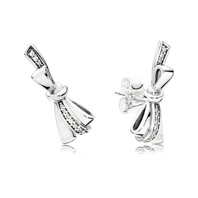 Bow silver stud earrings with clear cubic zirconia