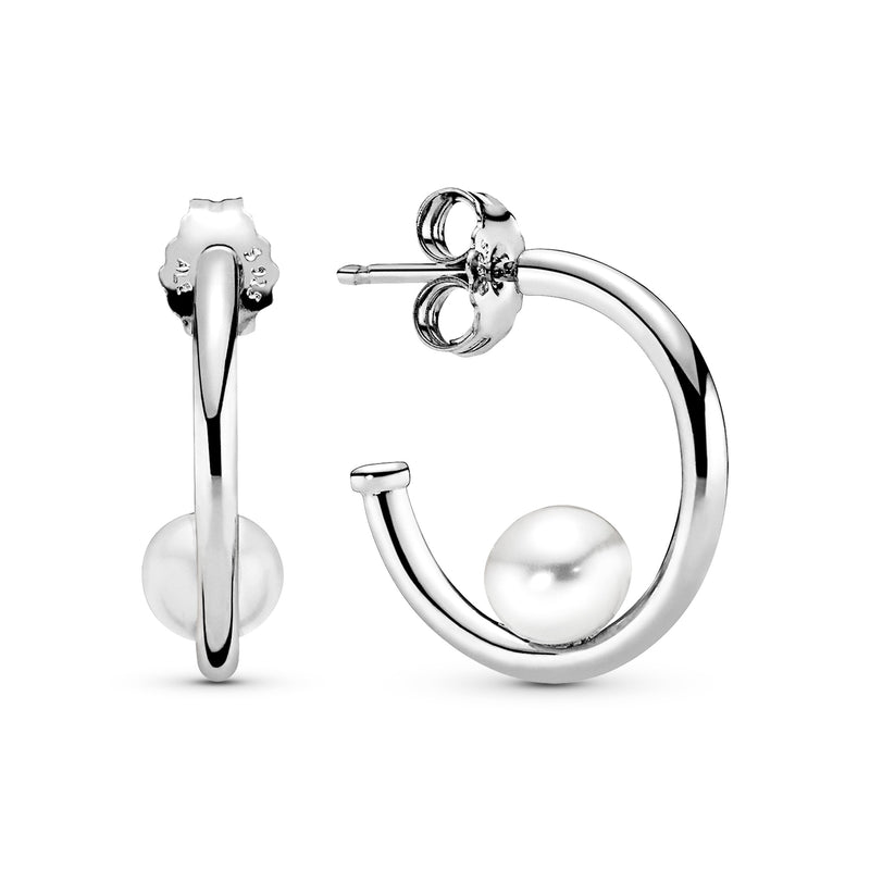 Silver hoop earrings with white freshwater cultured pearl
