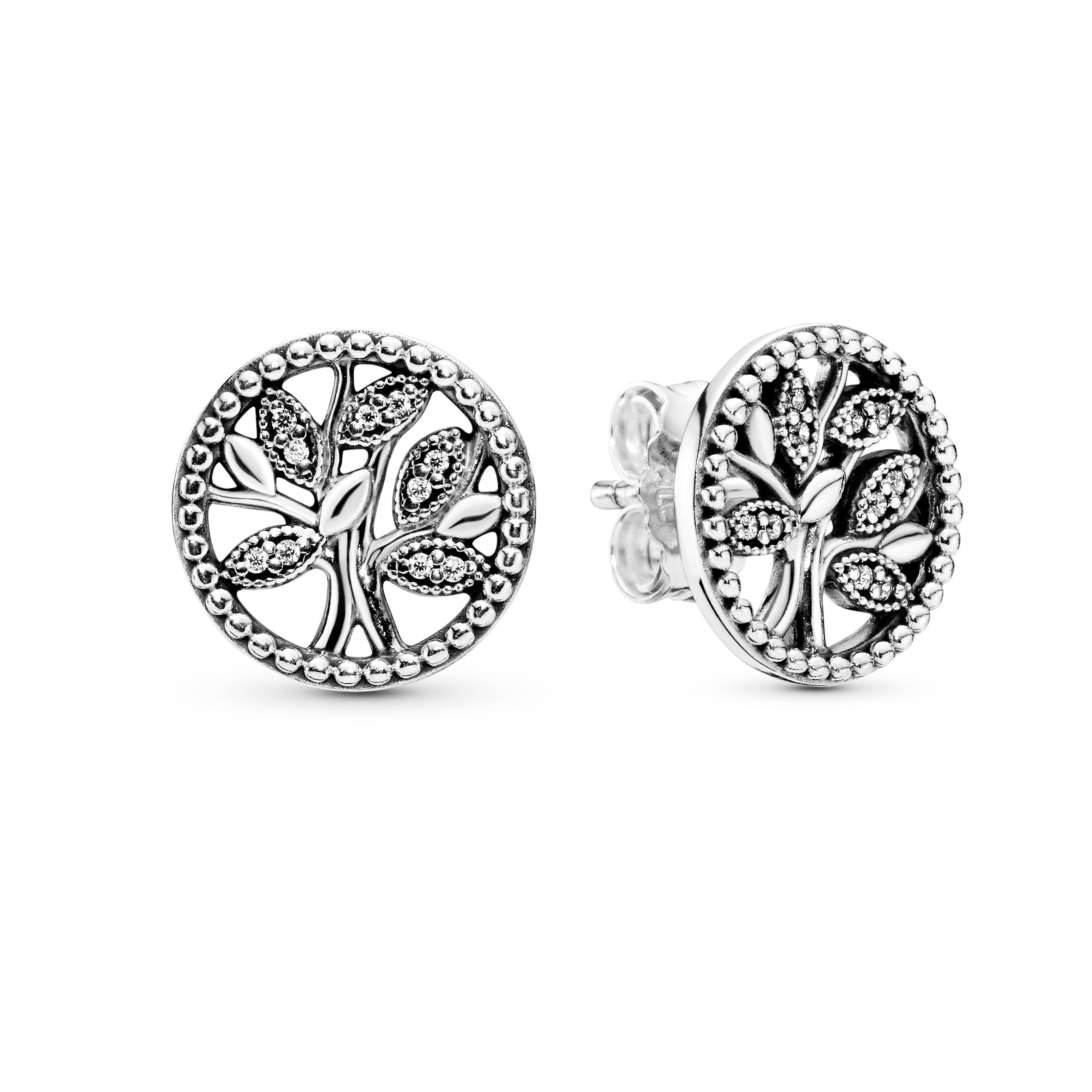 Family tree silver stud earrings with clear cubic zirconia