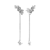 Butterflies silver stud earrings with clear cubic zirconia and detachable chain earring jackets