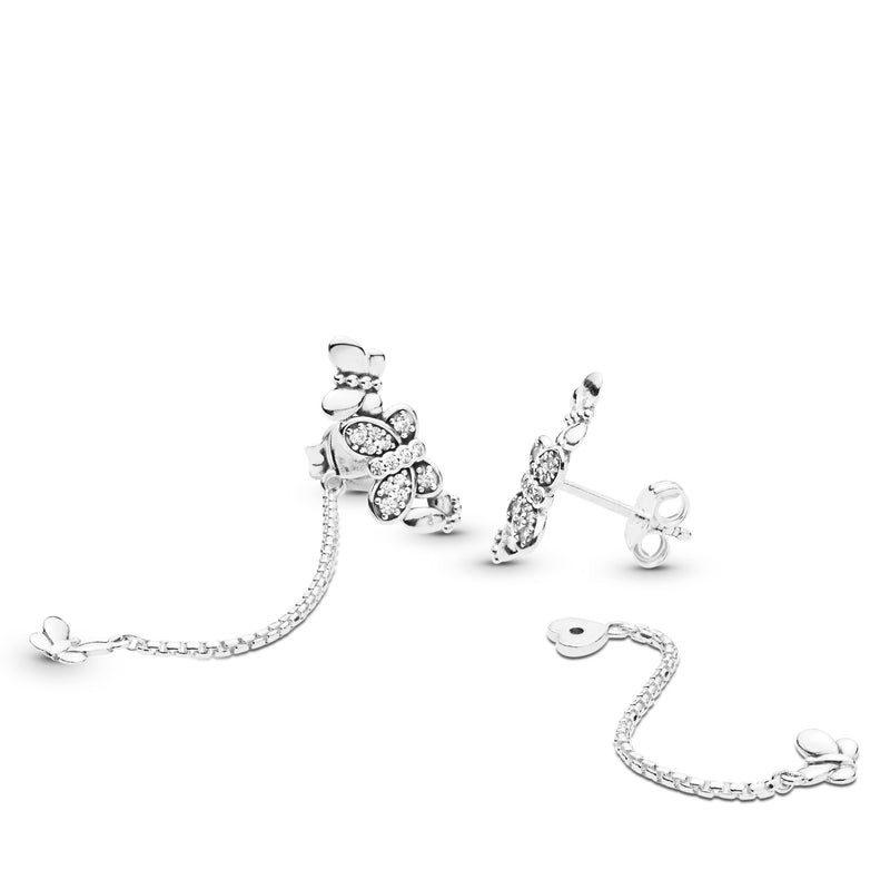 Butterflies silver stud earrings with clear cubic zirconia and detachable chain earring jackets