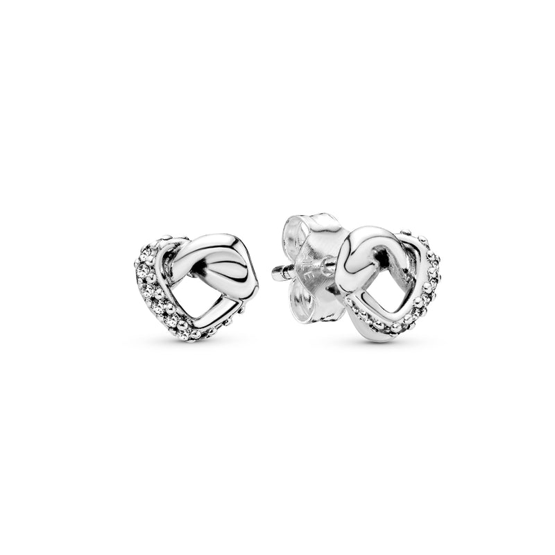 Knotted hearts silver stud earrings with clear cubic zirconia