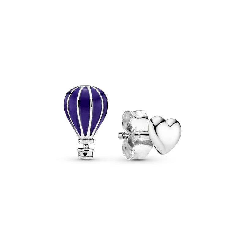 Air balloon and heart silver stud earrings with blue enamel