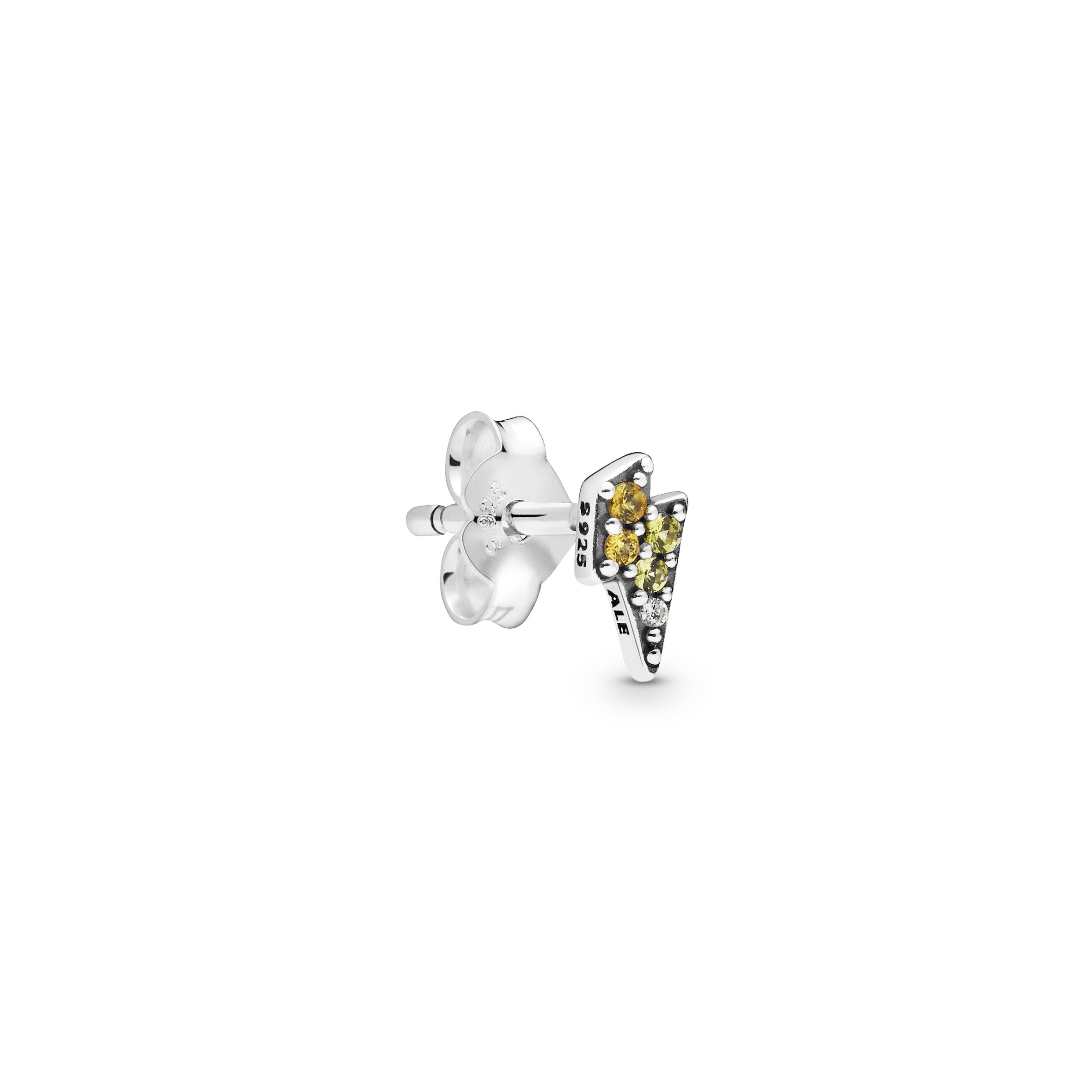 Pandora Me Lightning bolt sterling silver stud earring with yellow, golden orange crystal and clear cubic zirconia