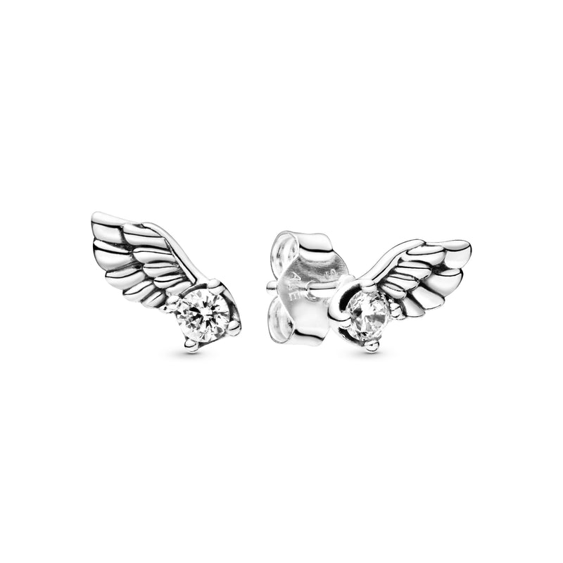 Angel wing sterling silver stud earrings with clear cubic zirconia