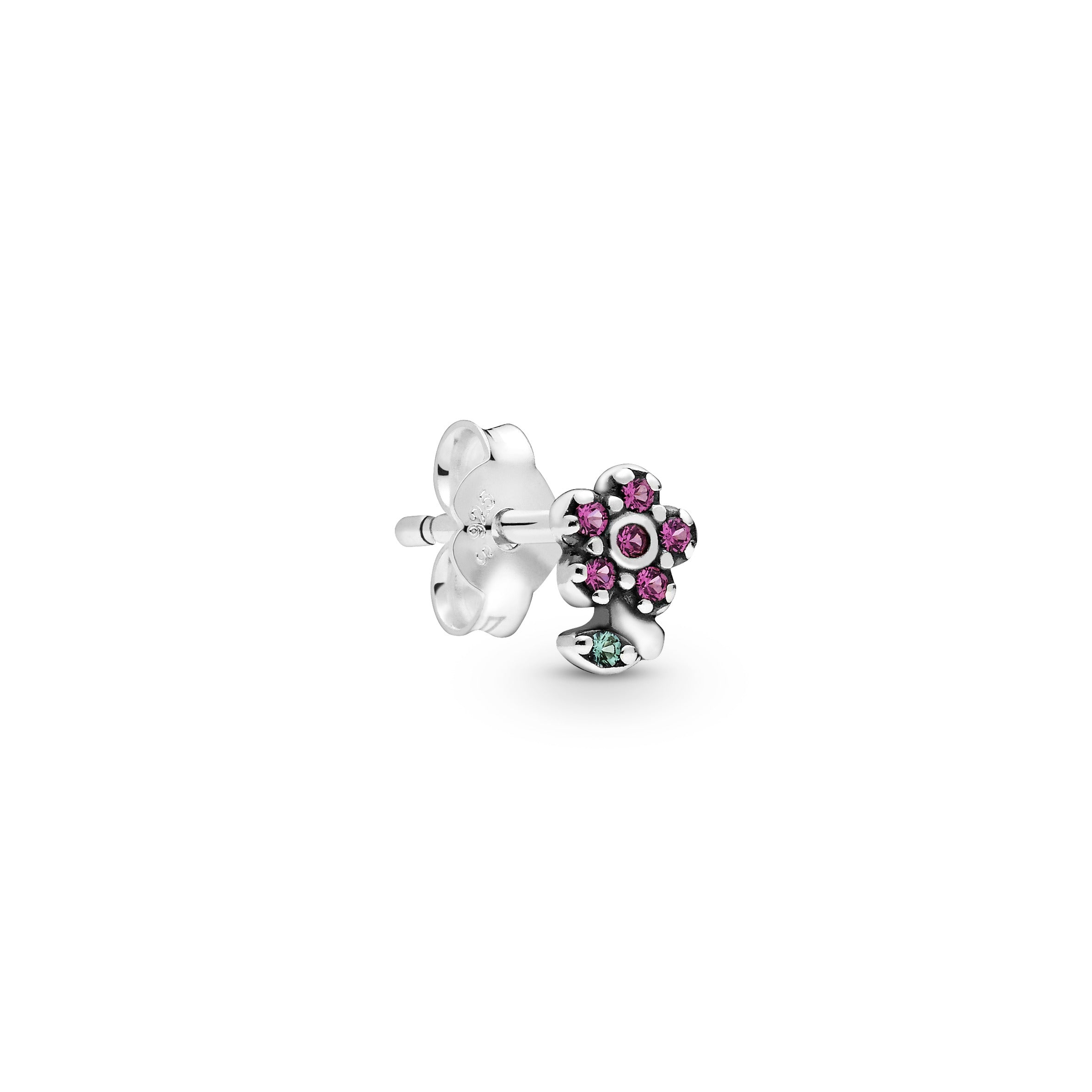 Flower sterling silver stud earring with cerise crystal and aqua green crystal