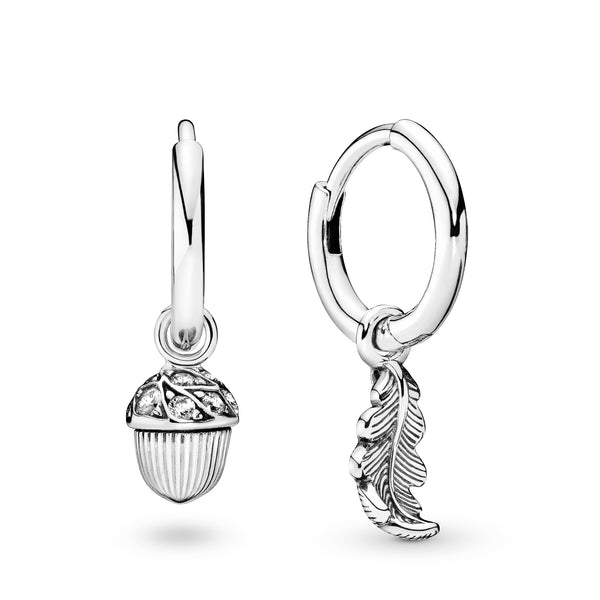 Acorn and leaf sterling silver hoop earrings with clear cubic zirconia
