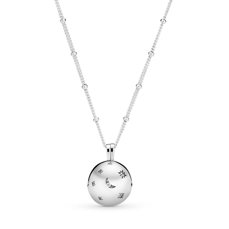 Moon and star openable silver pendant with clear cubic zirconia and necklace