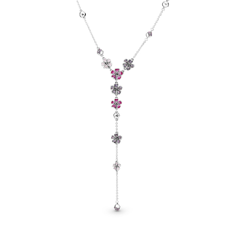 Flower silver Y-necklace with cerise crystal, pink cubic zirconia, pink synthetic sapphire and pink enamel