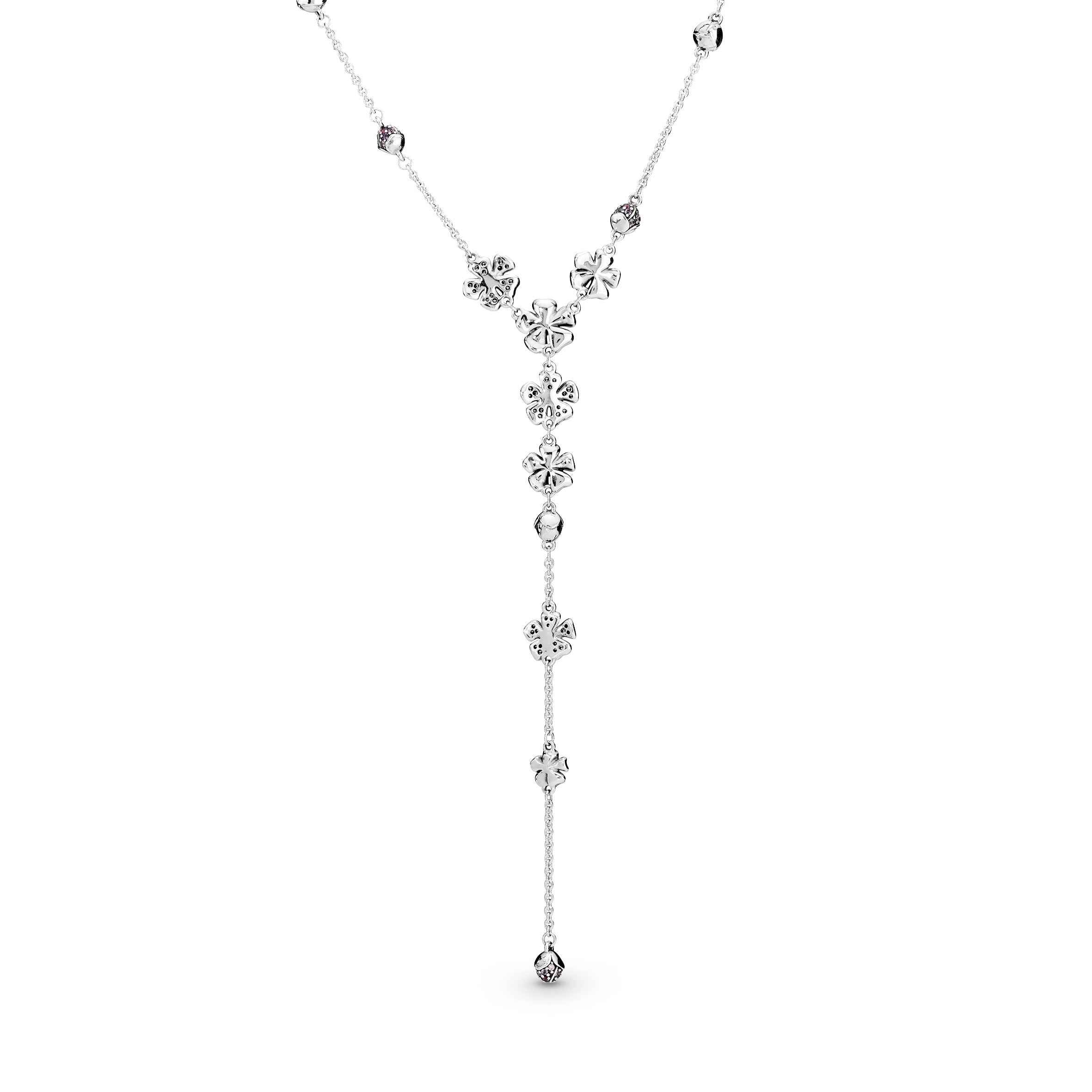 Flower silver Y-necklace with cerise crystal, pink cubic zirconia, pink synthetic sapphire and pink enamel
