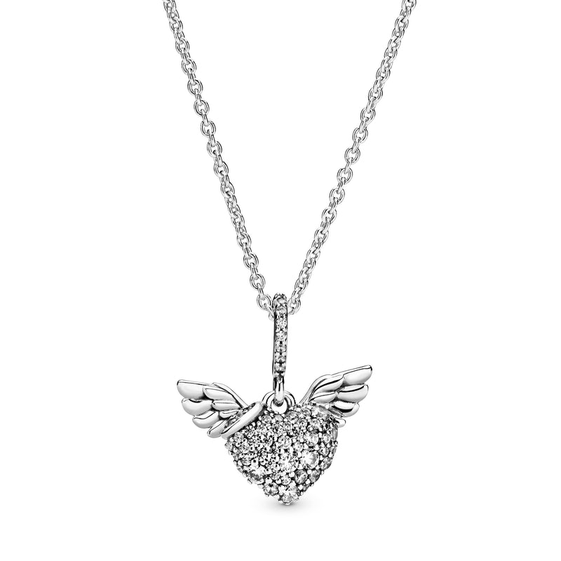 Heart and wings sterling silver pendant with clear cubic zirconia and necklace