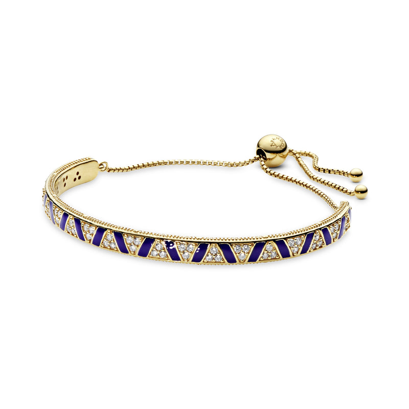 14k Gold Plated  sliding bracelet with clear cubic zirconia and blue enamel