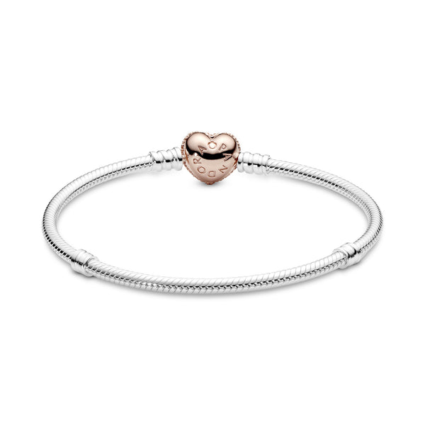 Snake chain silver bracelet with 14k Rose Gold-plated heart clasp and clear cubic zirconia