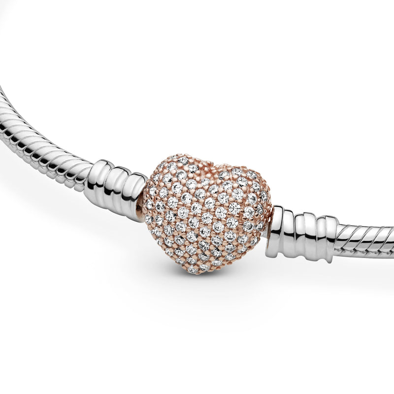 Snake chain silver bracelet with 14k Rose Gold-plated heart clasp and clear cubic zirconia