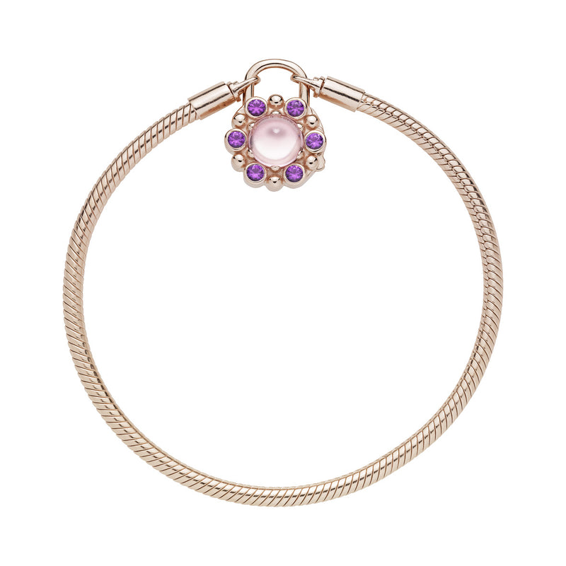 PANDORA Rose snake chain bracelet and padlock clasp with pink mist and royal purple crystal