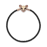 Pandora Rose black leather bracelet and lioness clasp with honey cubic zirconia and black enamel