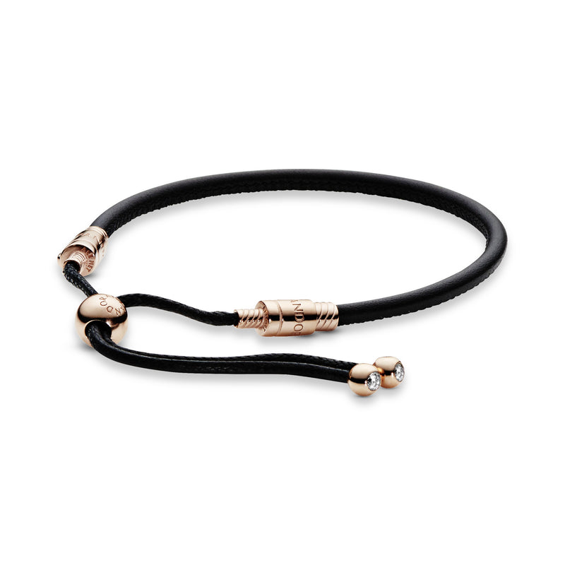 Pandora Rose sliding bracelet in black leather, waxed cord with clear cubic zirconia