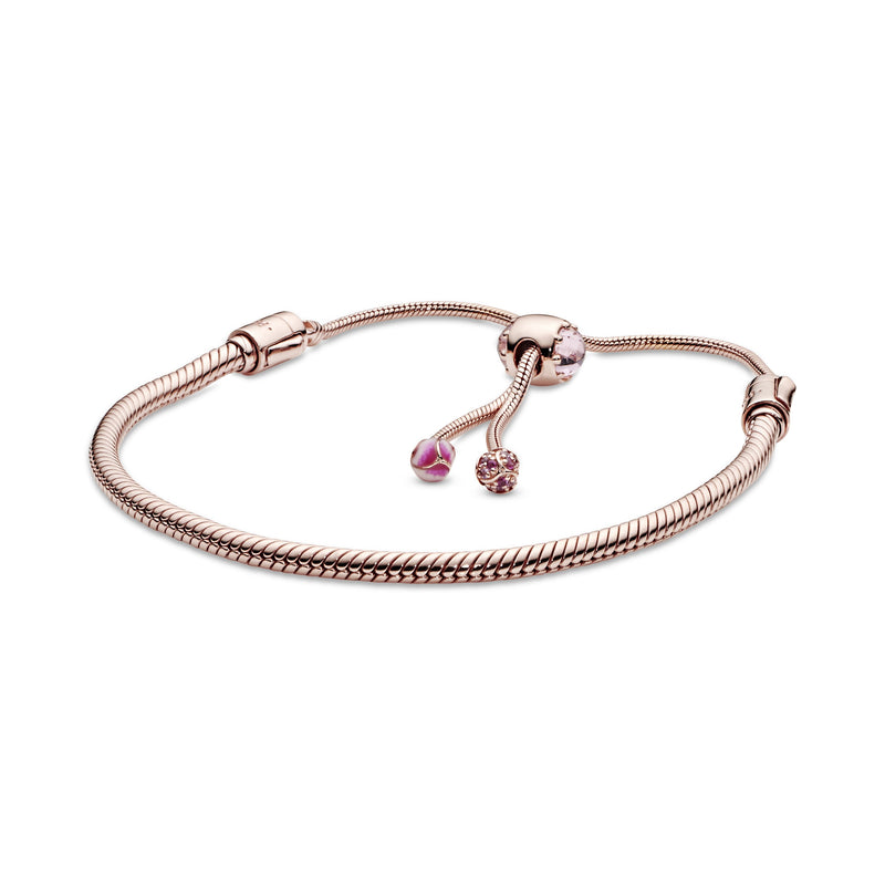 Pandora Moments Pink Peach Blossom Flower Snake Chain Slider Bracelet