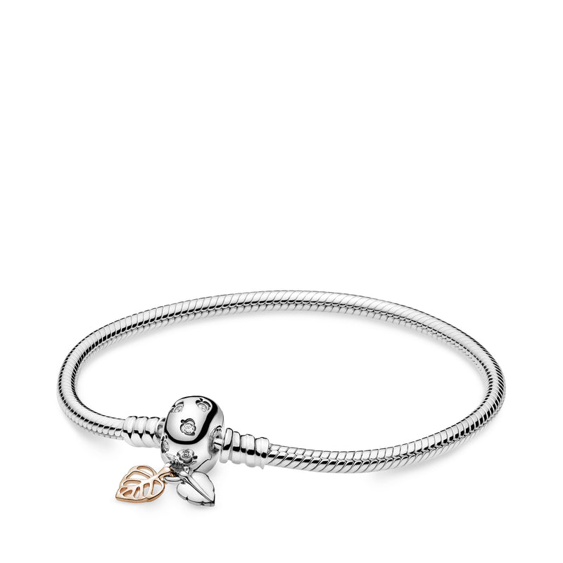 Snake chain sterling silver bracelet with leaves silver and 14k Rose Gold-plated clasp with clear cubic zirconia