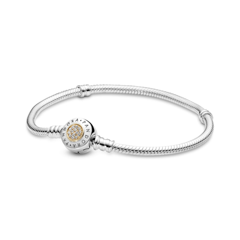 PANDORA logo silver bracelet with 14k and clear cubic zirconia