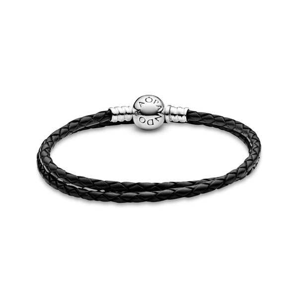 Silver leather bracelet, double, black