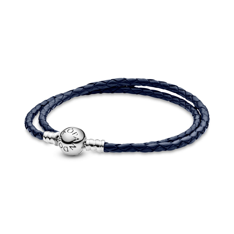 Silver leather bracelet, double, dark blue