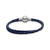 Silver leather bracelet, double, dark blue