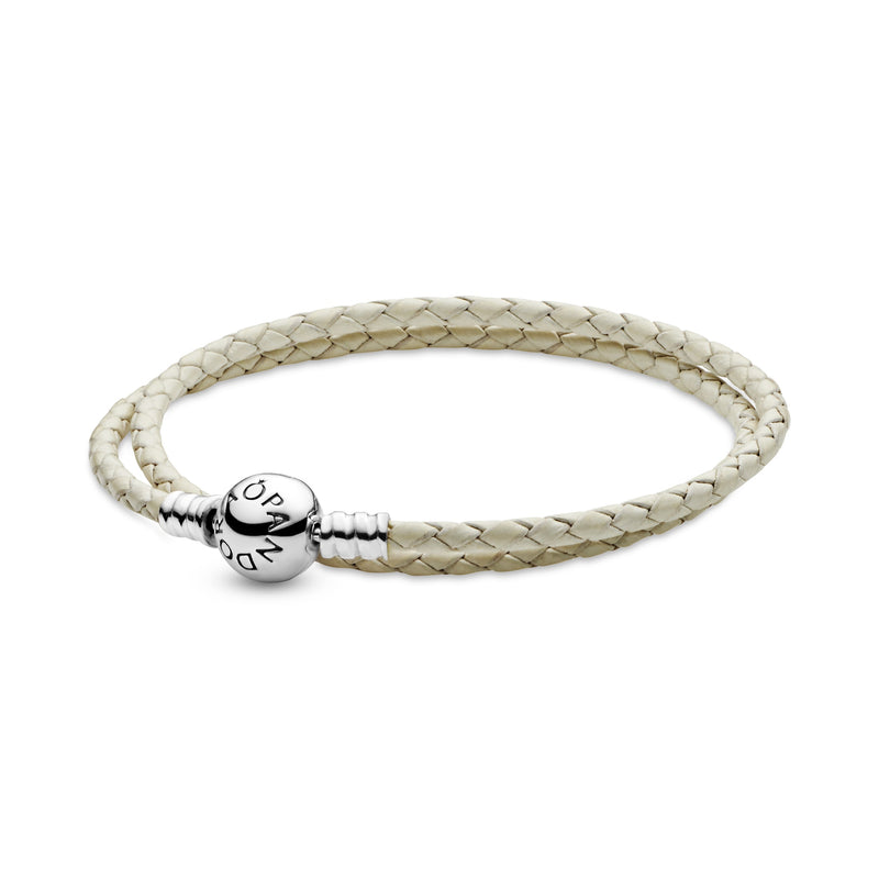 Silver leather bracelet, double, ivory white