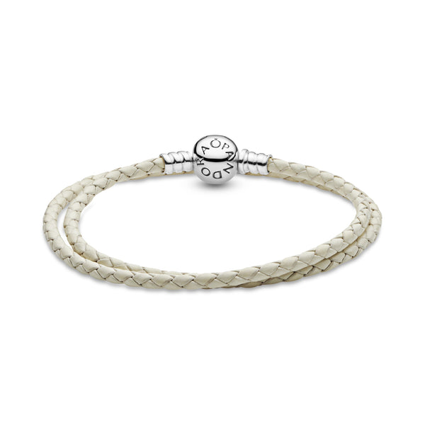 Silver leather bracelet, double, ivory white