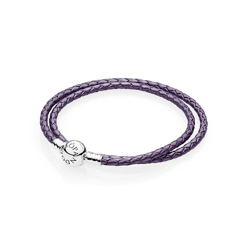 Silver leather bracelet, double, purple