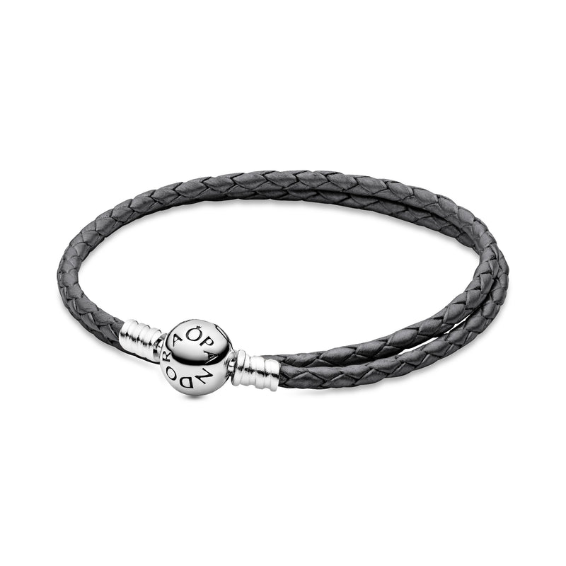Silver leather bracelet, double, silver grey