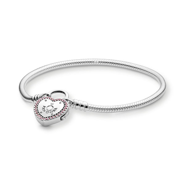 Snake chain silver bracelet and PANDORA logo padlock clasp with fancy fuchsia pink cubic zirconia