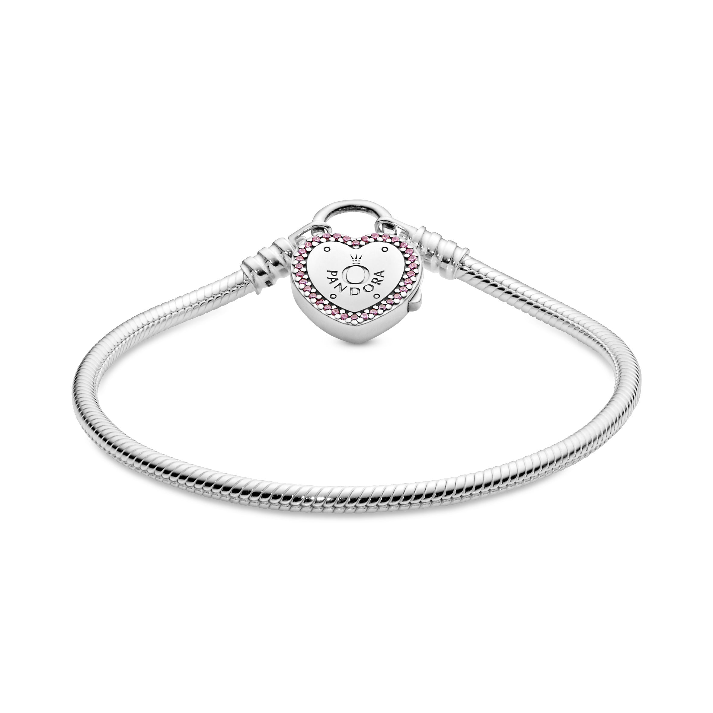 Snake chain silver bracelet and PANDORA logo padlock clasp with fancy fuchsia pink cubic zirconia