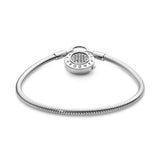 Snake chain silver bracelet and PANDORA logo padlock clasp with clear cubic zirconia