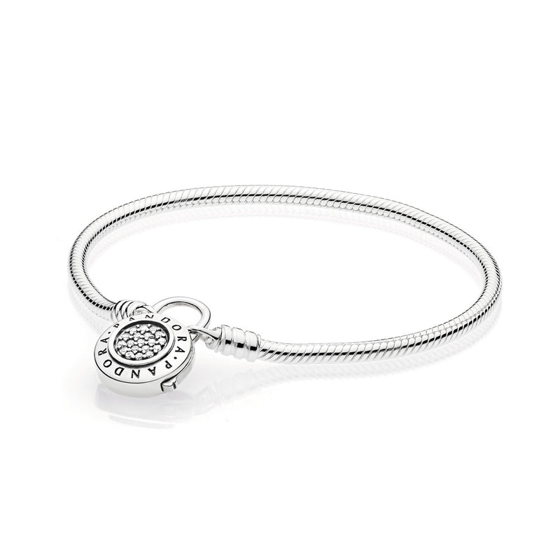 Snake chain silver bracelet and PANDORA logo padlock clasp with clear cubic zirconia