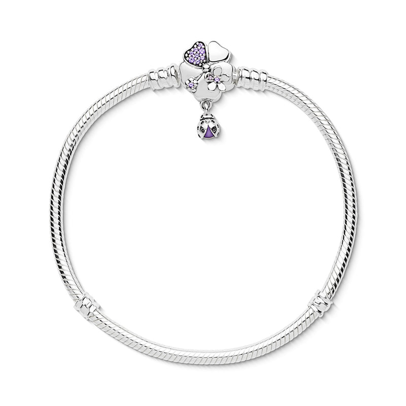 Snake chain silver bracelet with flower and ladybug clasp with lilac crystal, purple cubic zirconia and purple enamel