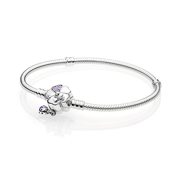 Snake chain silver bracelet with flower and ladybug clasp with lilac crystal, purple cubic zirconia and purple enamel