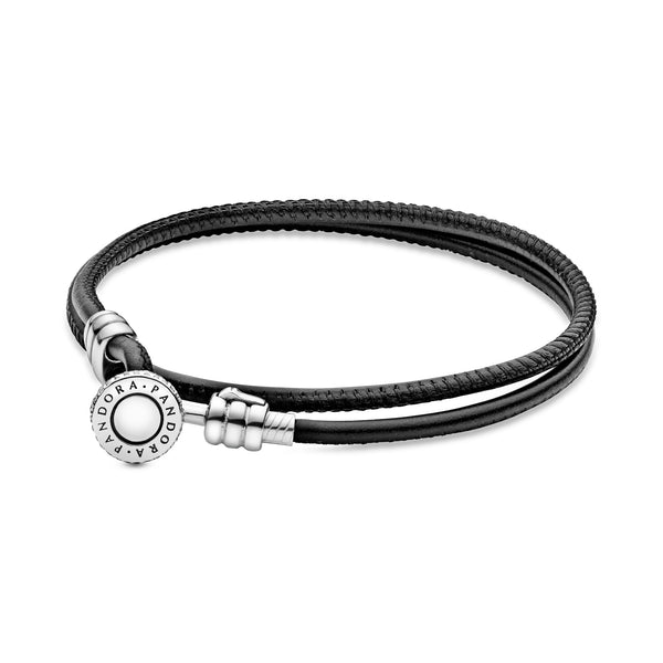 Silver leather bracelet, double, black and clear cubic zirconia