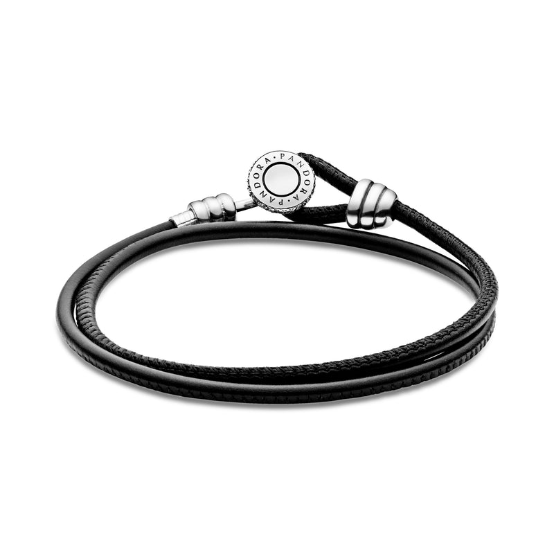 Silver leather bracelet, double, black and clear cubic zirconia
