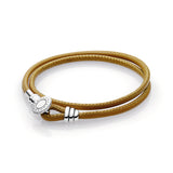 Silver leather bracelet, double, golden tan and clear cubic zirconia