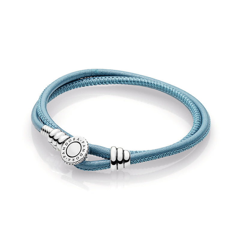 Silver leather bracelet, double, turquoise and clear cubic zirconia