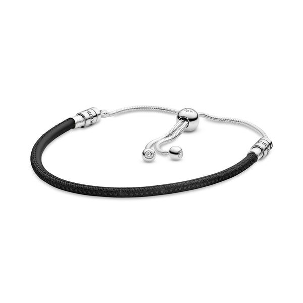 Silver sliding bracelet with black leather and clear cubic zirconia