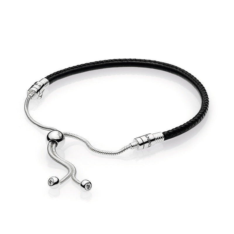 Silver sliding bracelet with black leather and clear cubic zirconia