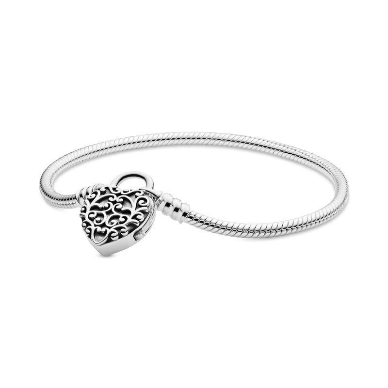 Snake chain silver bracelet and regal pattern heart padlock clasp