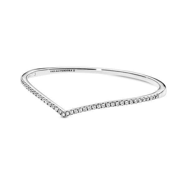 Wishbone silver bangle with clear cubic zirconia