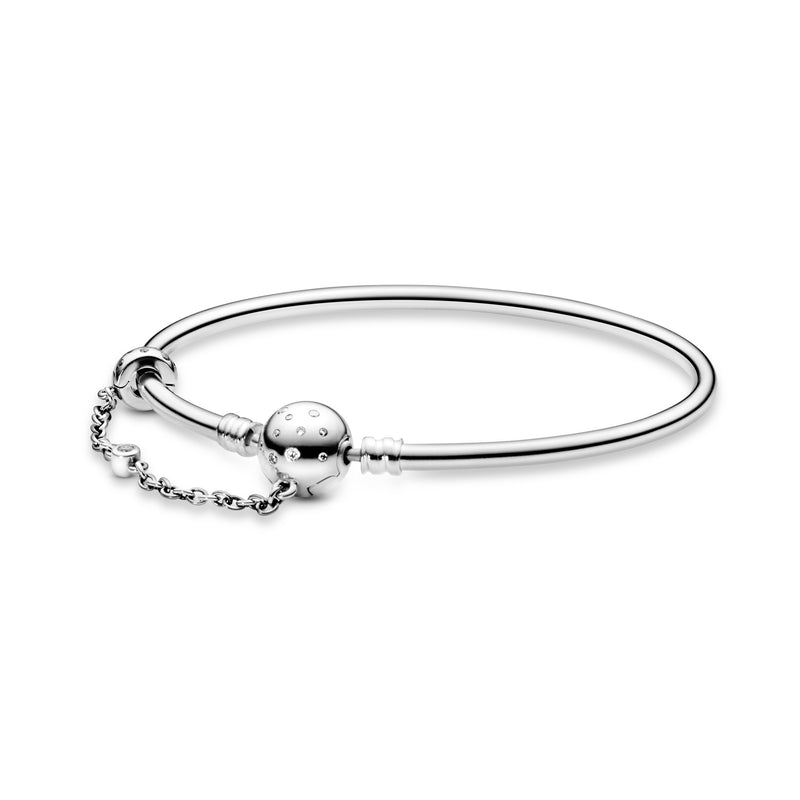 Silver bangle with clear cubic zirconia and chain with clip detail