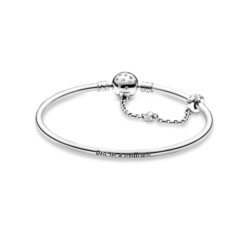Silver bangle with clear cubic zirconia and chain with clip detail